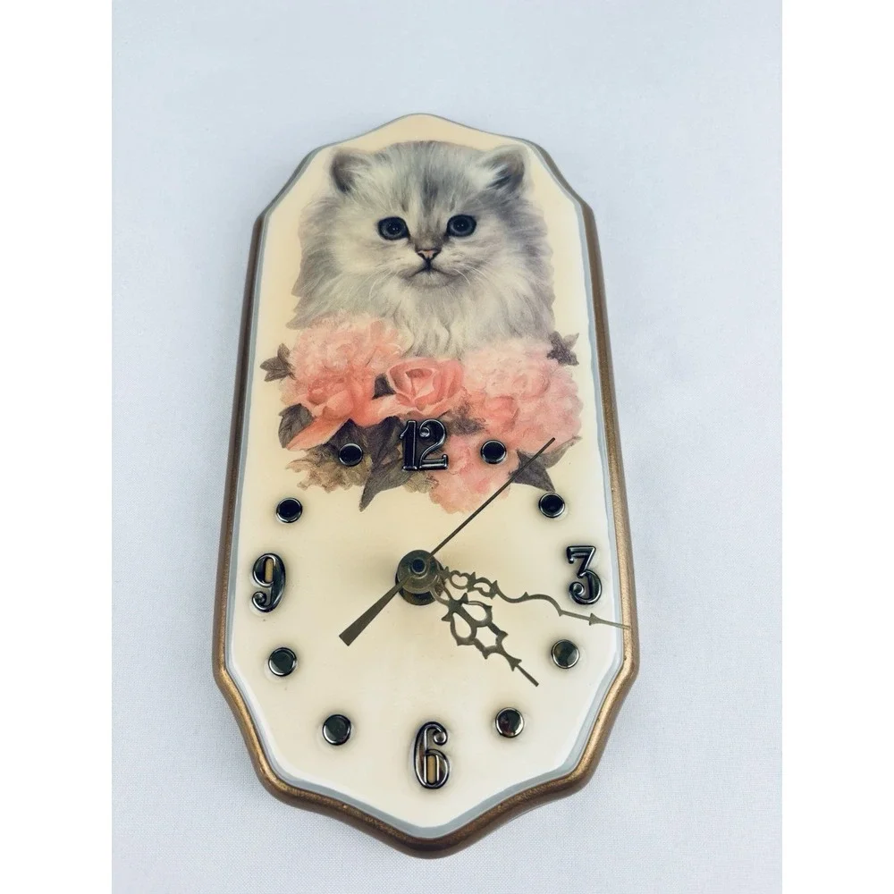 Vintage Ceramic Kitten Cat Wall Clock Flowers Tochigi Quartz Retro Kitschy Works